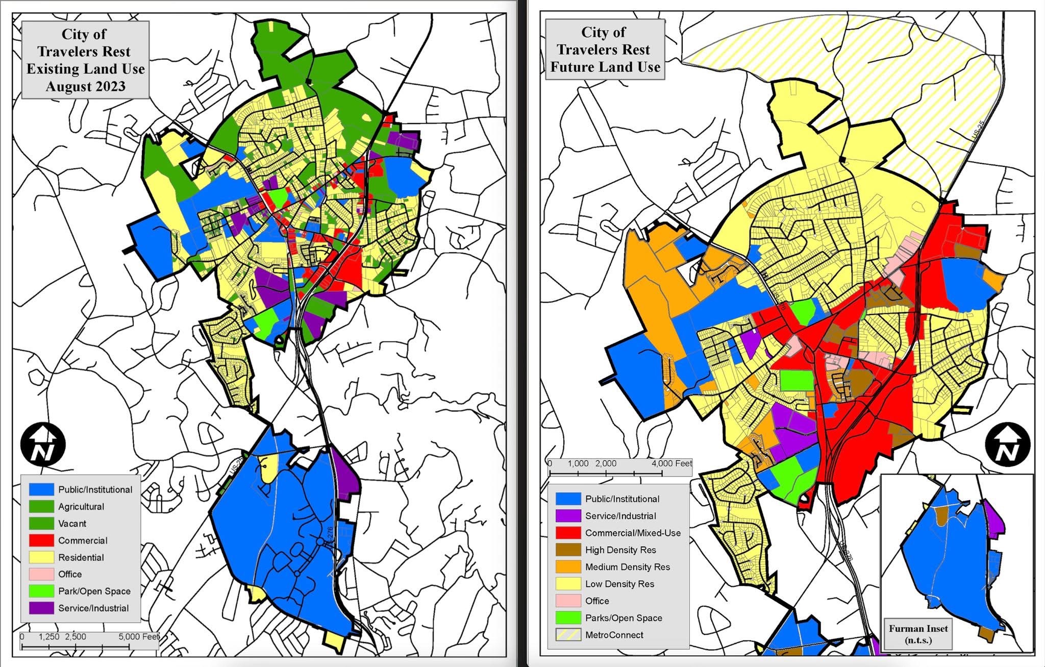 Side-by-side maps. Left: City of Travelers Rest Existing Land Use, August 2023. Large areas shaded dark green (agricultural) and light green (vacant). Right: City of Travelers Rest Future Land Use map. Almost all of the green area is shown in yellow (Low Density Residential).